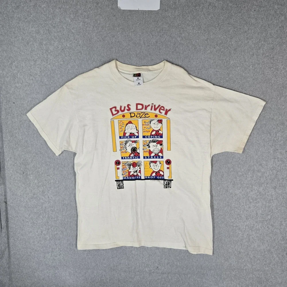 VINTAGE Bus Driver Men Shirt XL Off-White Graphic Bus Cartoon Print READ